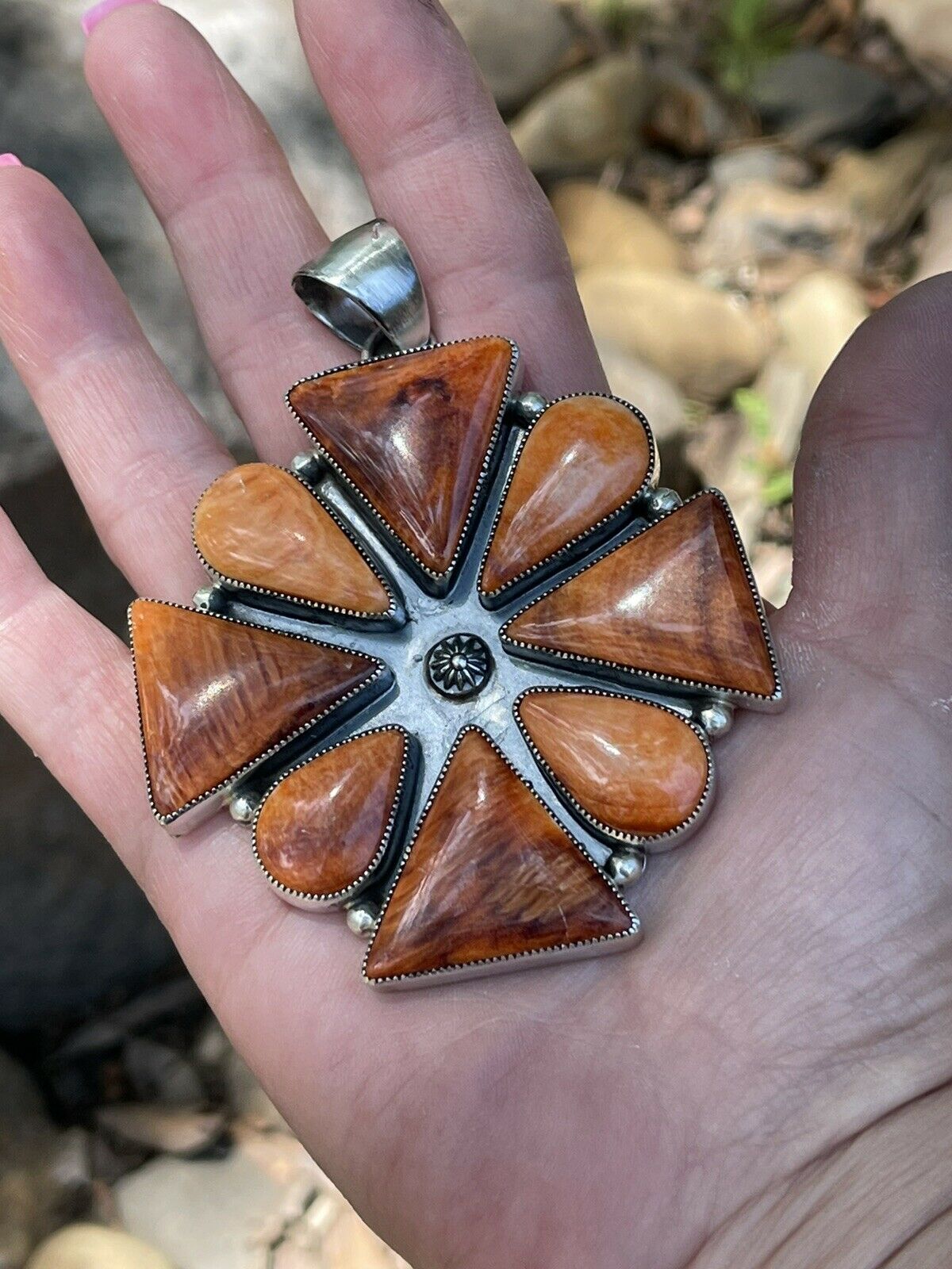 Navajo Sterling Silver Orange Spiny  Jumbo Cluster Pendant