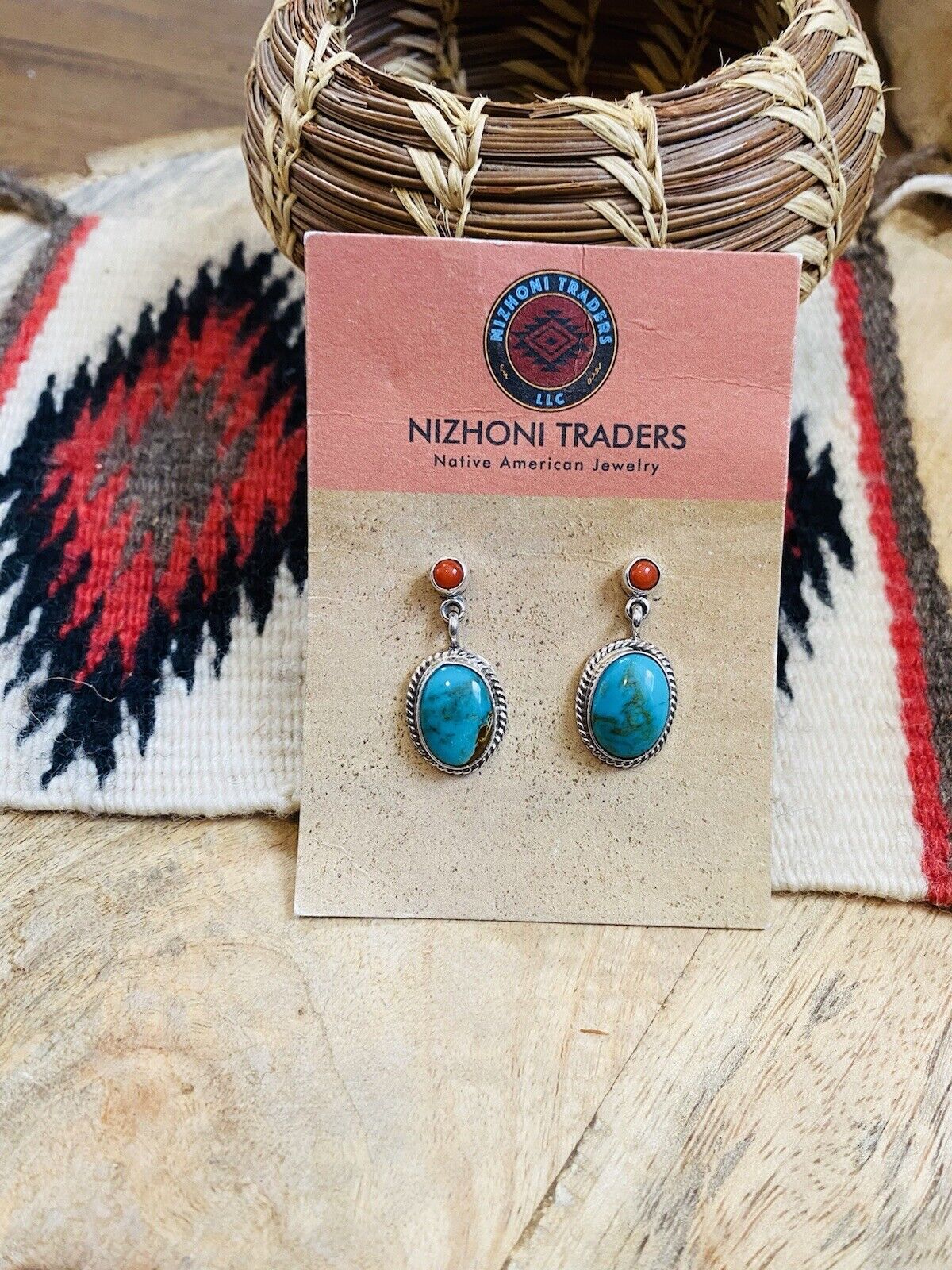 Navajo Turquoise, Coral & Sterling Silver Dangle Earrings