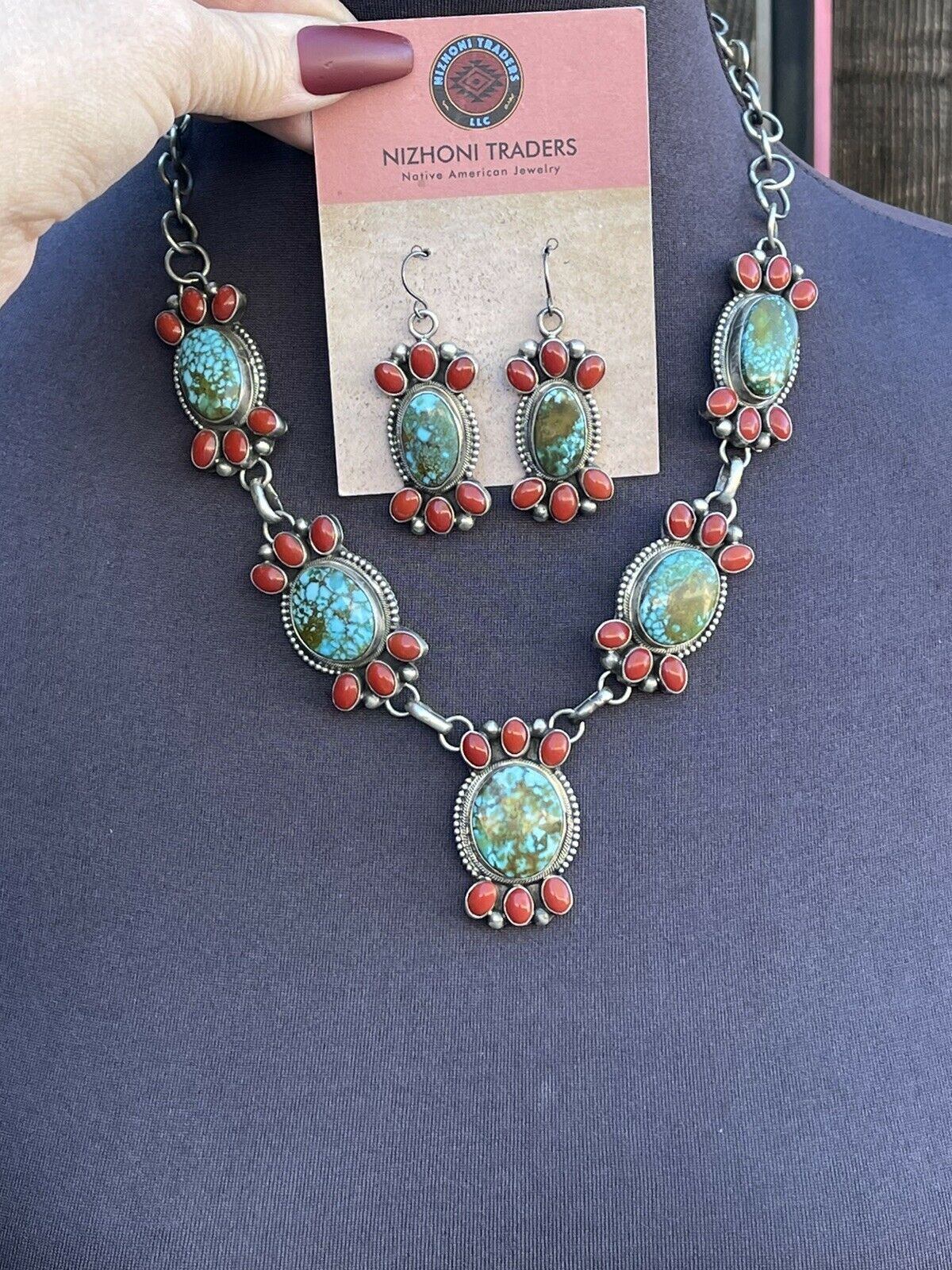 Navajo Sterling Kingman Turquoise Natural Red Coral Necklace Set Taos Collection