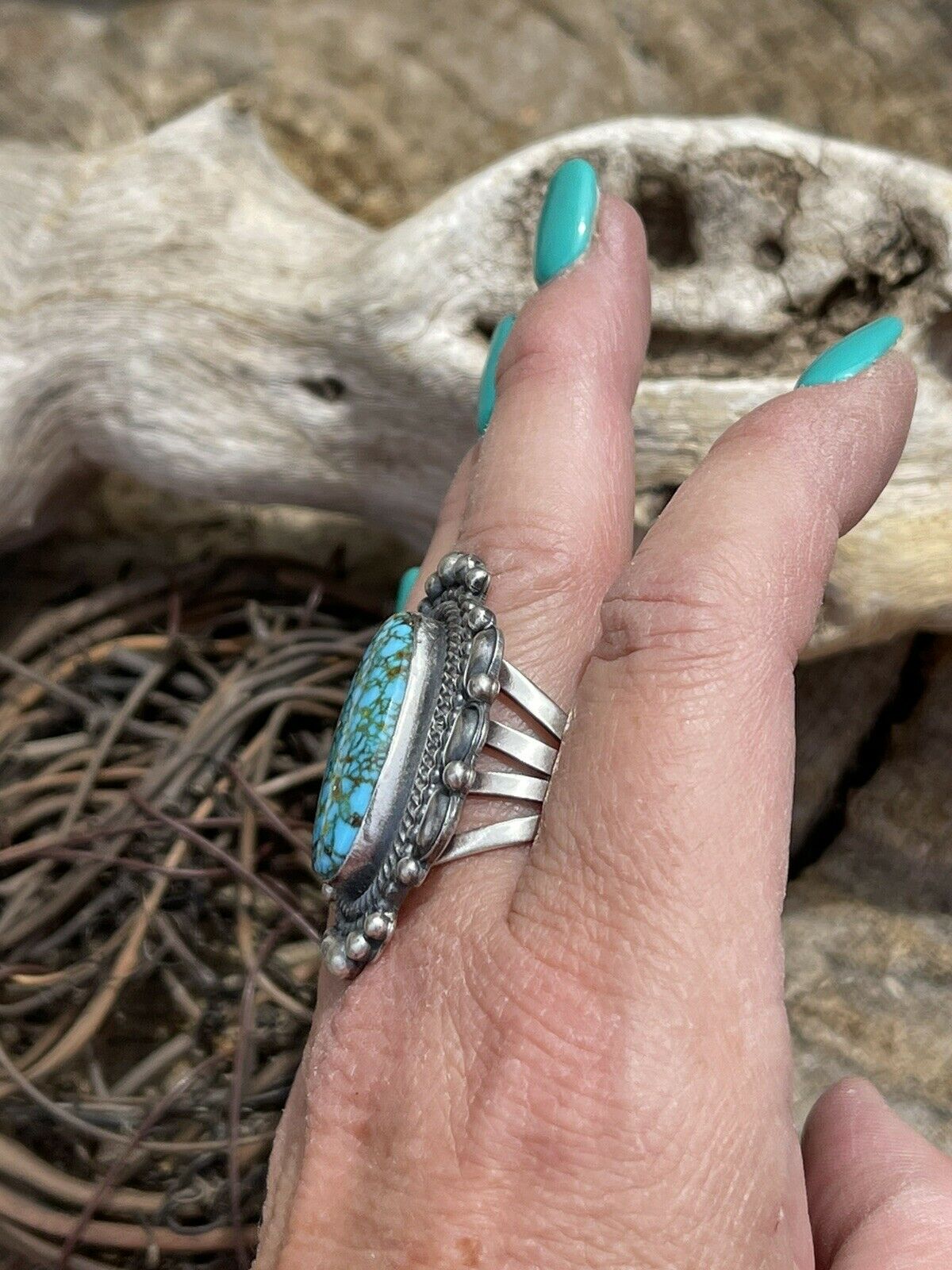 Navajo Sonoran Mountain Turquoise & Sterling Silver Statement Ring Size 8