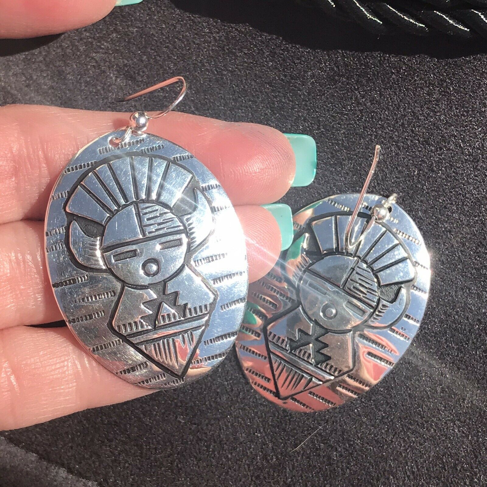 Navajo Sterling Silver Etched  Hand Stamped Dangle Earrings