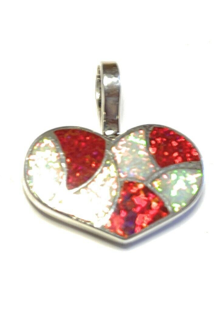 Zuni Iridescent Red Candy Cane Opal & Sterling Silver Heart Pendant