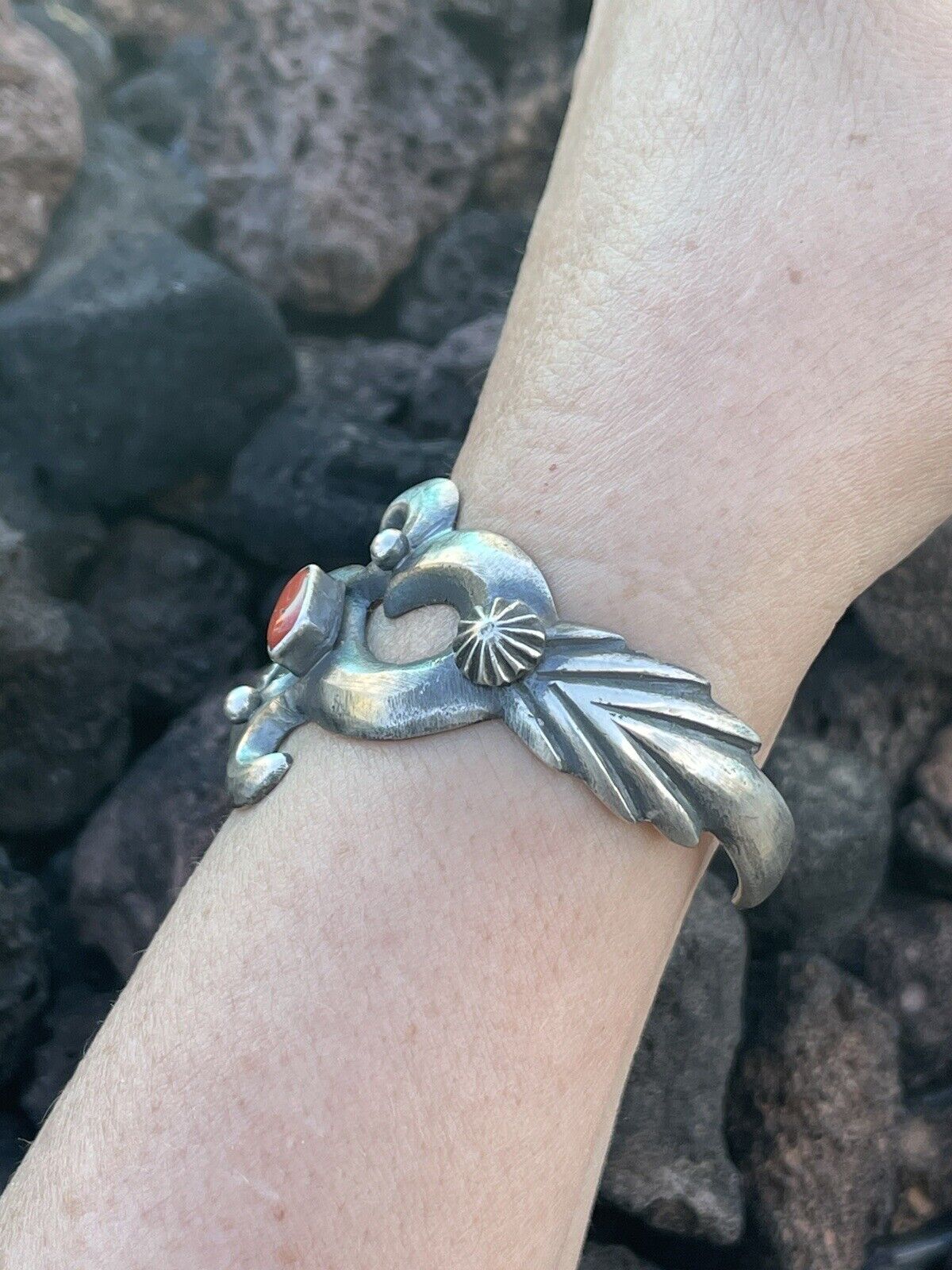 Navajo Natural Red Coral Sterling Silver Cuff By Artist Chimney Butte