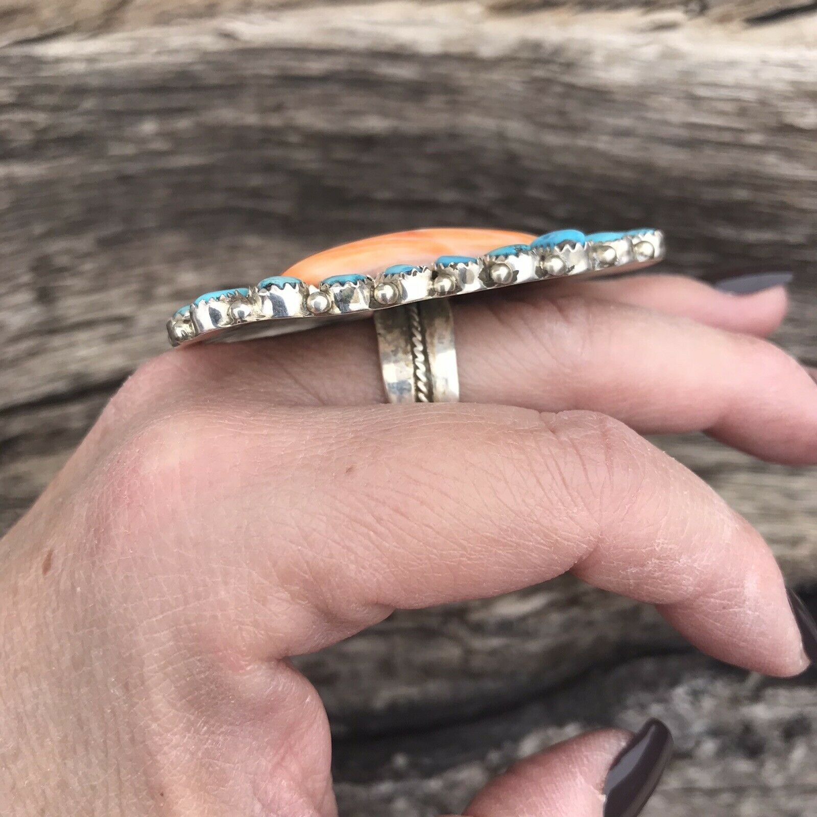 Navajo Sterling Silver, Turquoise & Orange Spiny Oyster Ring Sz 8