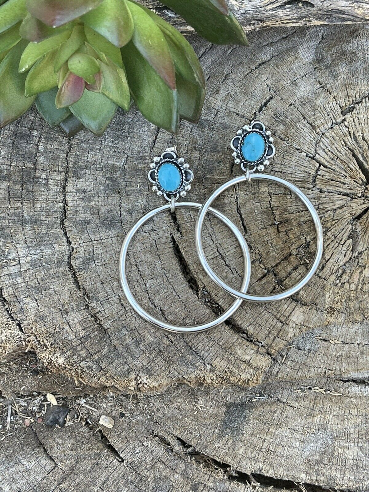 Navajo Turquoise & Sterling Silver Dangle Hoop Earrings