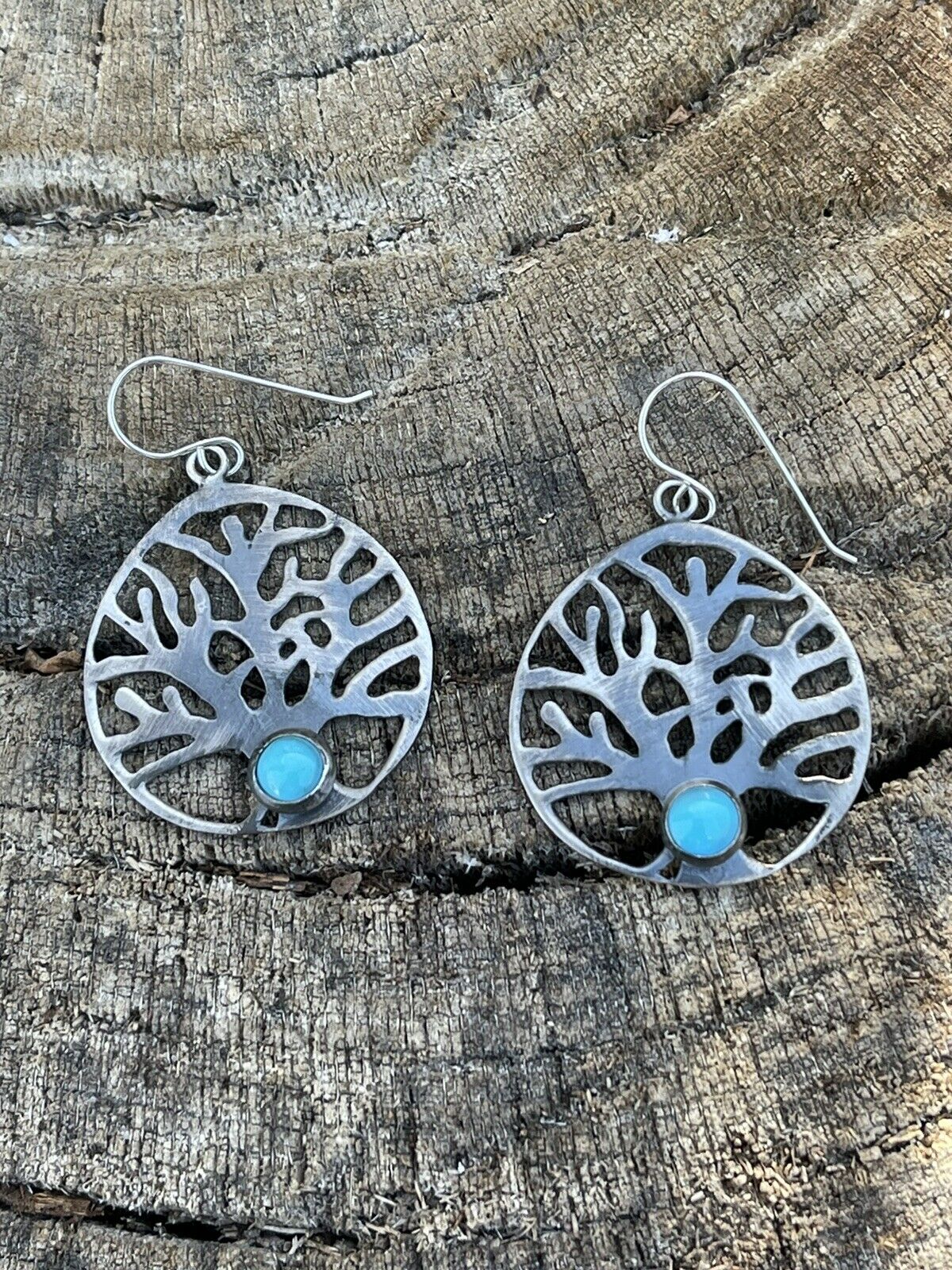 Navajo Sterling Silver Turquoise Tree Of Life Dangle Earrings