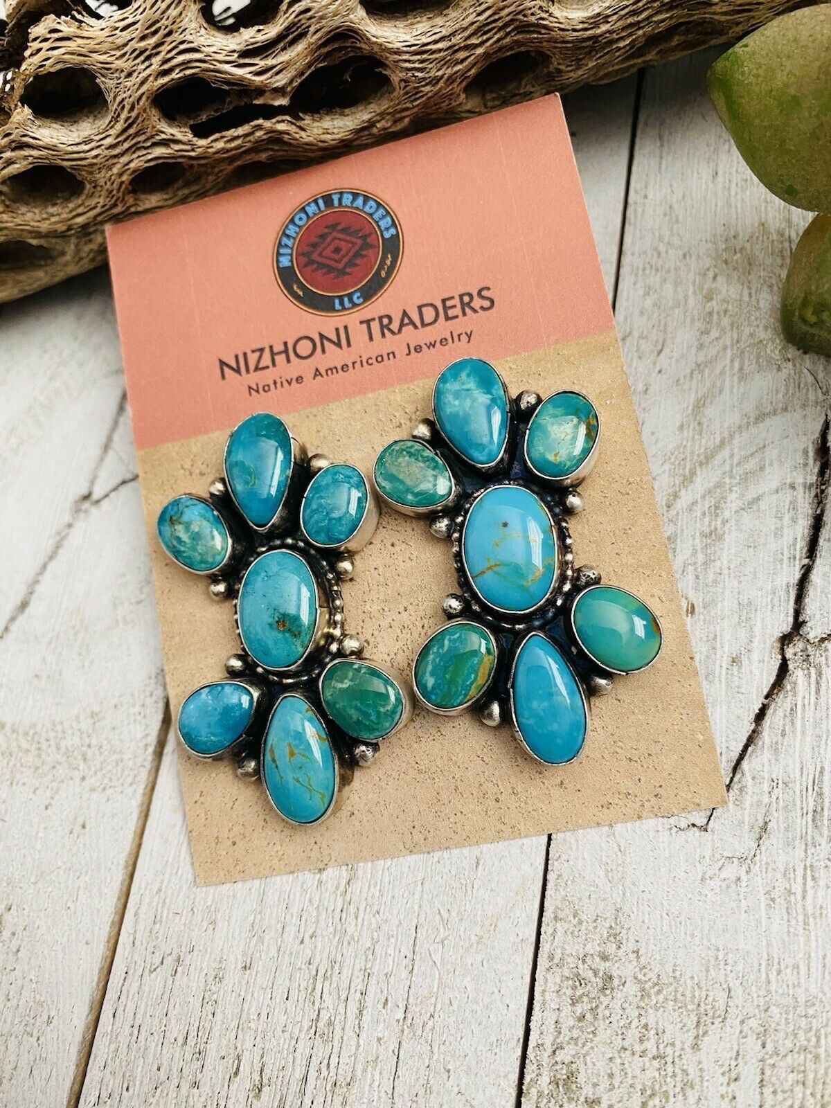 Navajo Sterling Silver & Royston Turquoise Cluster Post Earrings Signed