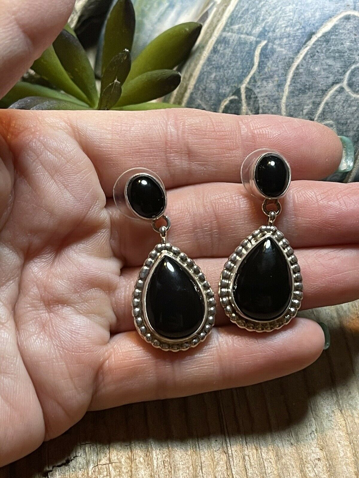 Beautiful Navajo Sterling Silver Black Onyx Teardrop Post Dangle Earrings