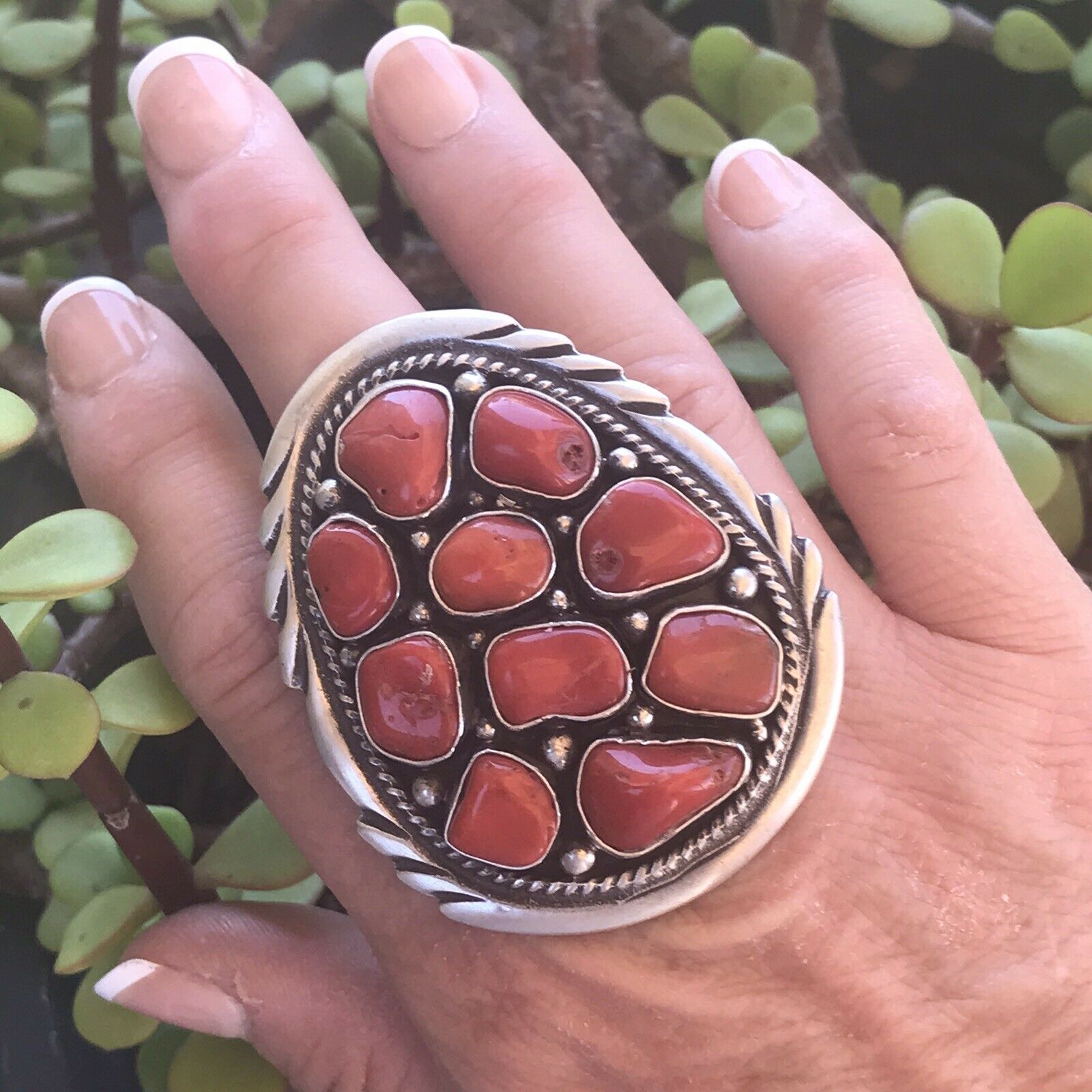 Navajo Sterling Silver Natural Red Coral Ring Sz 7