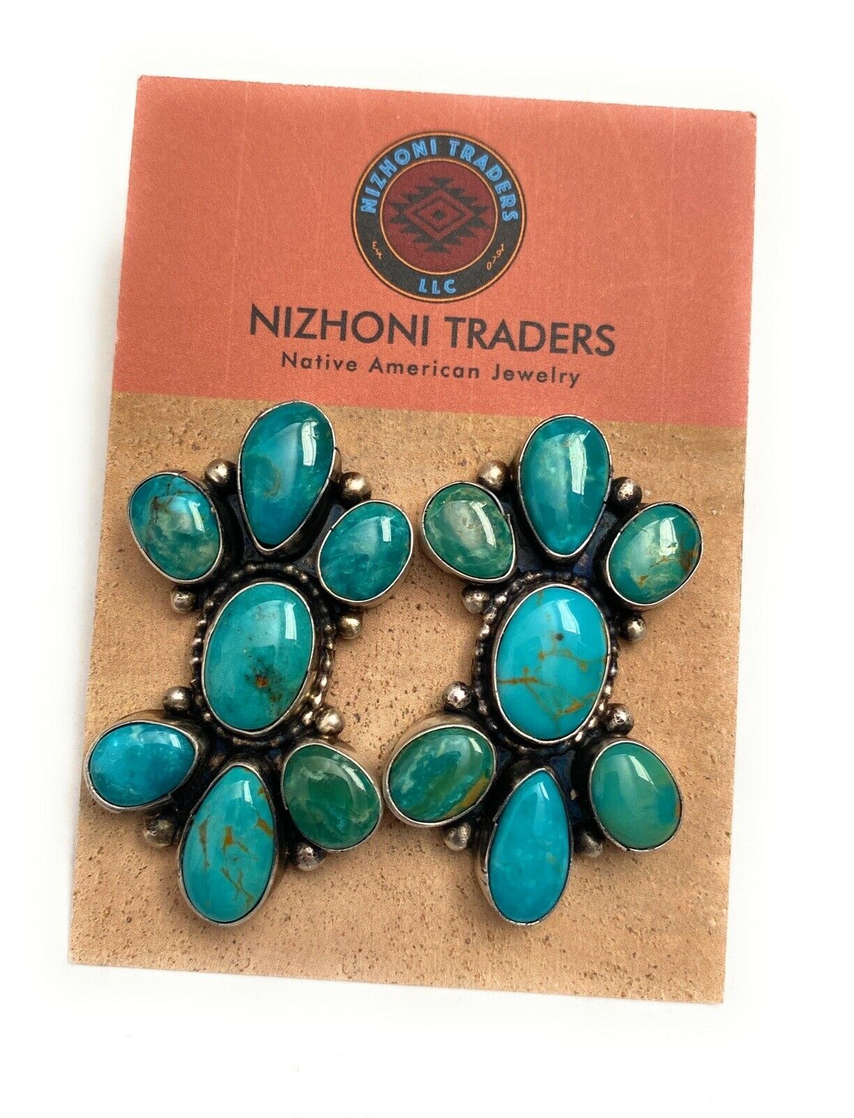 Navajo Sterling Silver & Royston Turquoise Cluster Post Earrings Signed