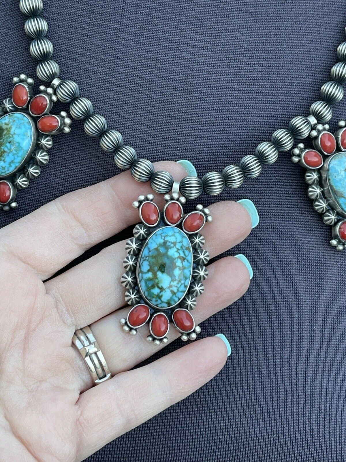 Navajo Sterling Kingman Turquoise Natural Red Coral Necklace Taos Collection