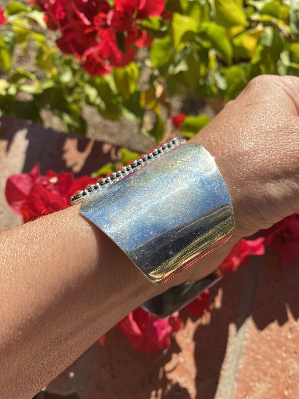 Navajo Natural Coral & Sterling Silver Cuff Bracelet By Paul Livingston