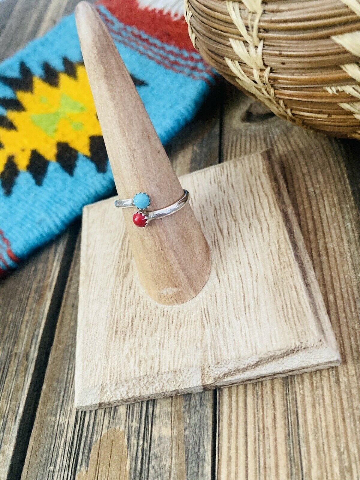 Navajo Sterling Silver, Coral & Turquoise Adjustable Ring