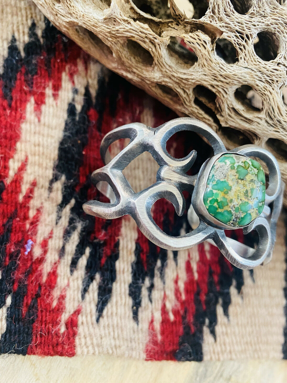 Navajo Sterling Silver & Sonoran Gold Turquoise Cuff Bracelet By Chimney Butte