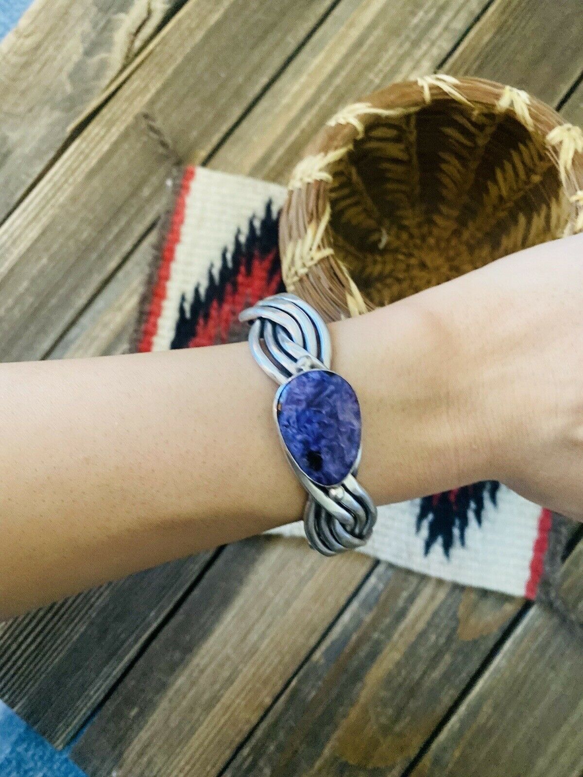 Navajo Charoite & Sterling Silver Braided Cuff Bracelet Signed