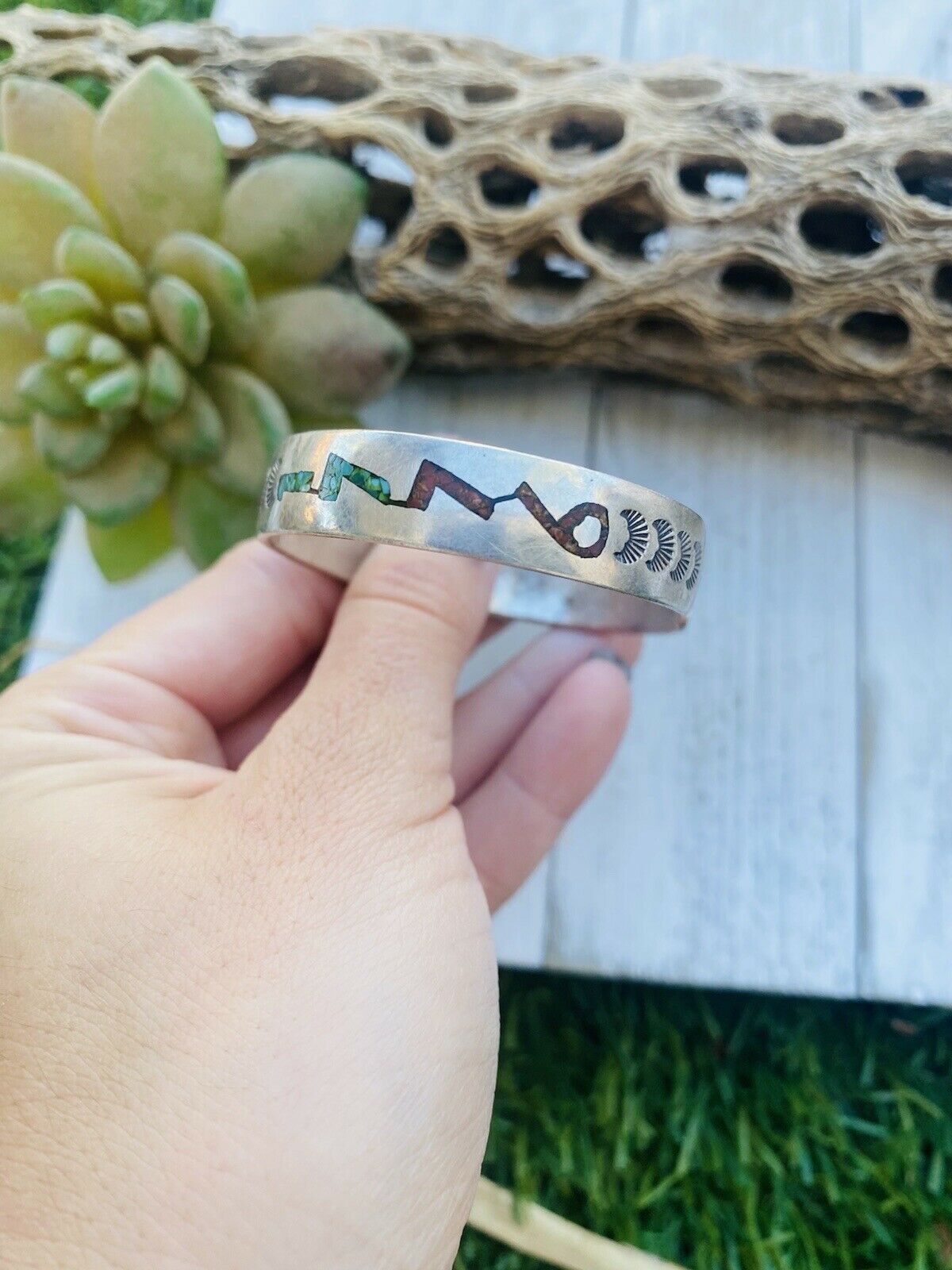 Vintage Navajo Turquoise, Coral & Sterling Silver Inlay Cuff Bracelet