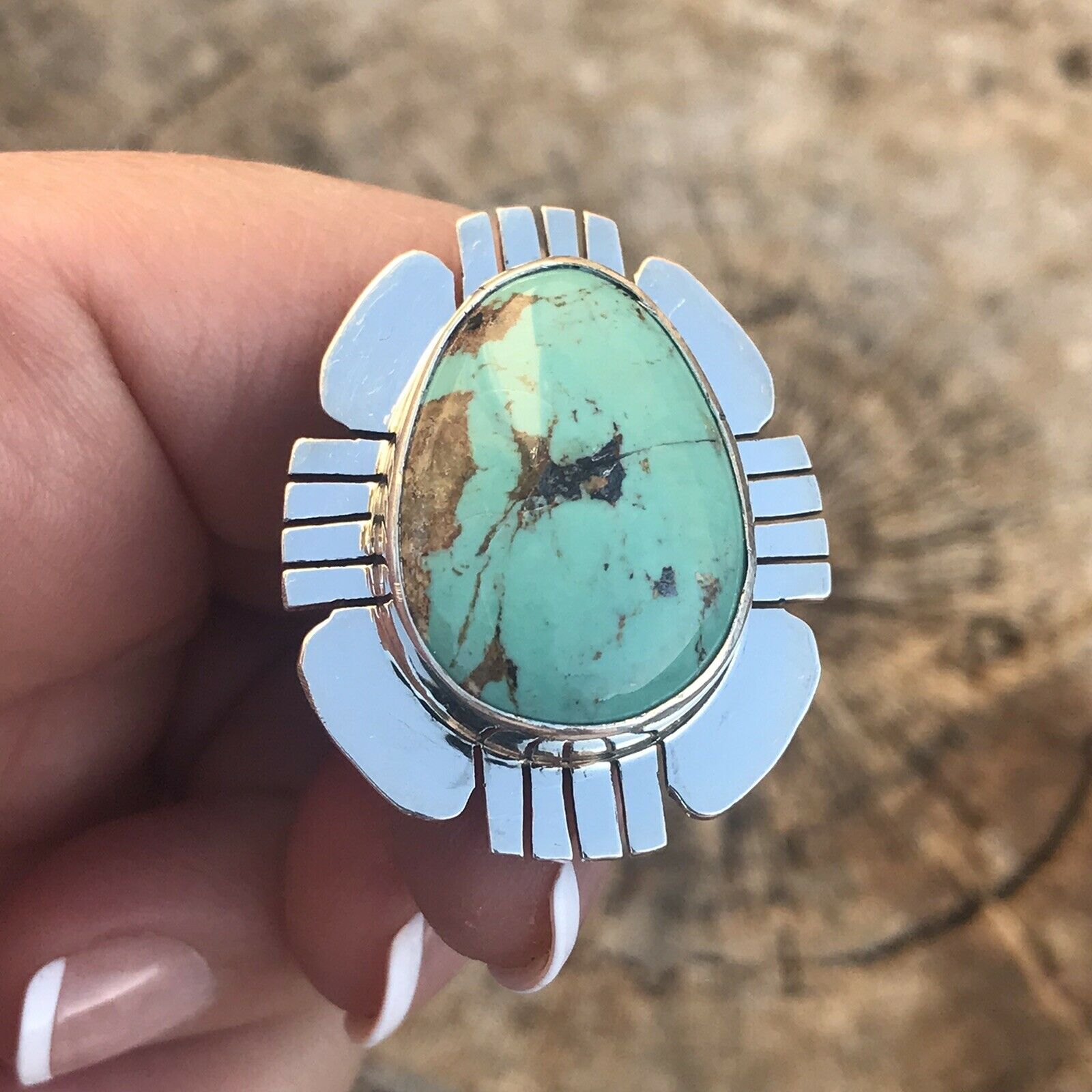 Royston Turquoise & Sterling Silver Navajo Ring Size 8 Stamped Sterling