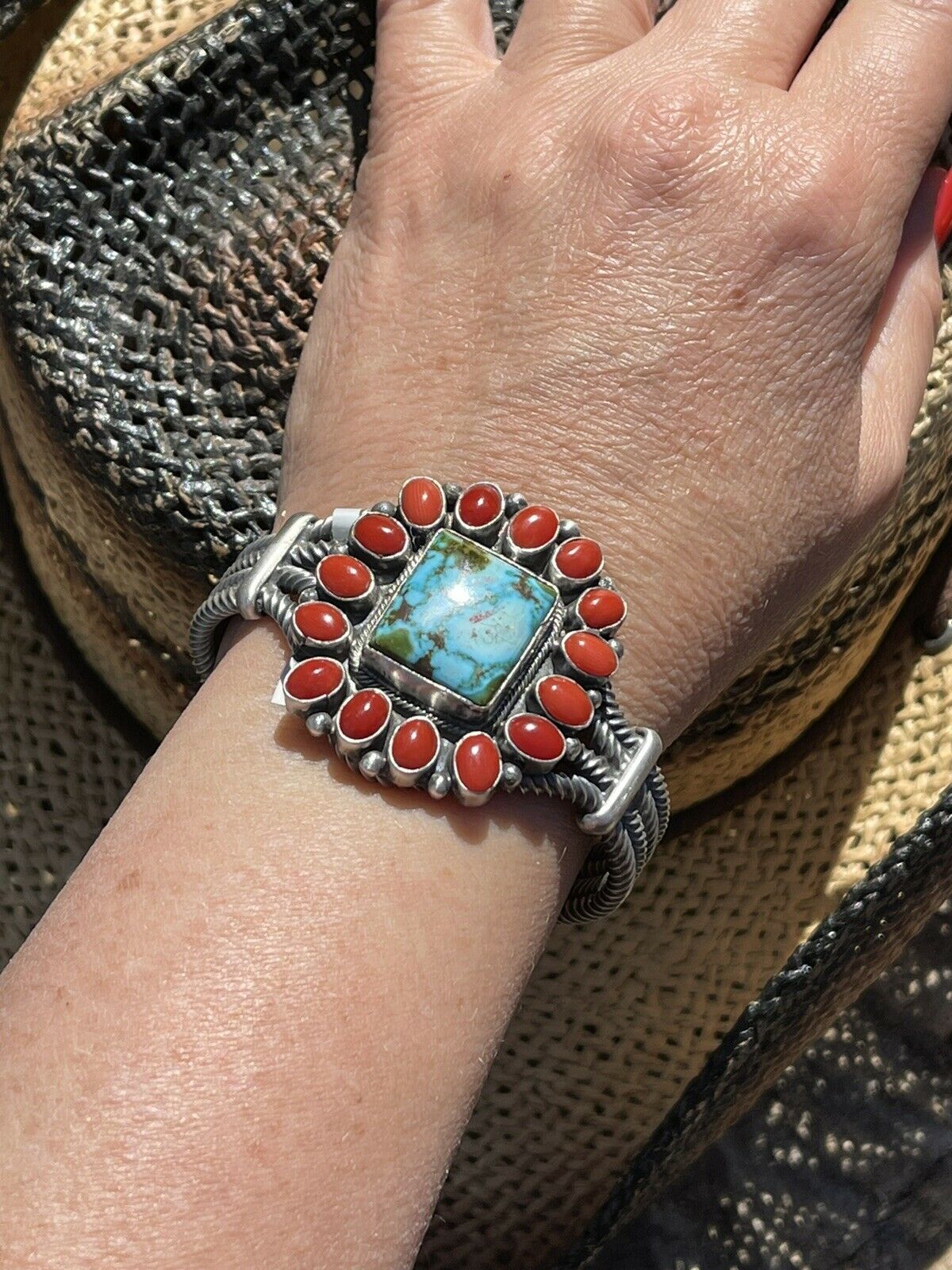 Navajo Sterling Kingman Web Turquoise & Red Coral Taos Bracelet Cuff B. Johnson