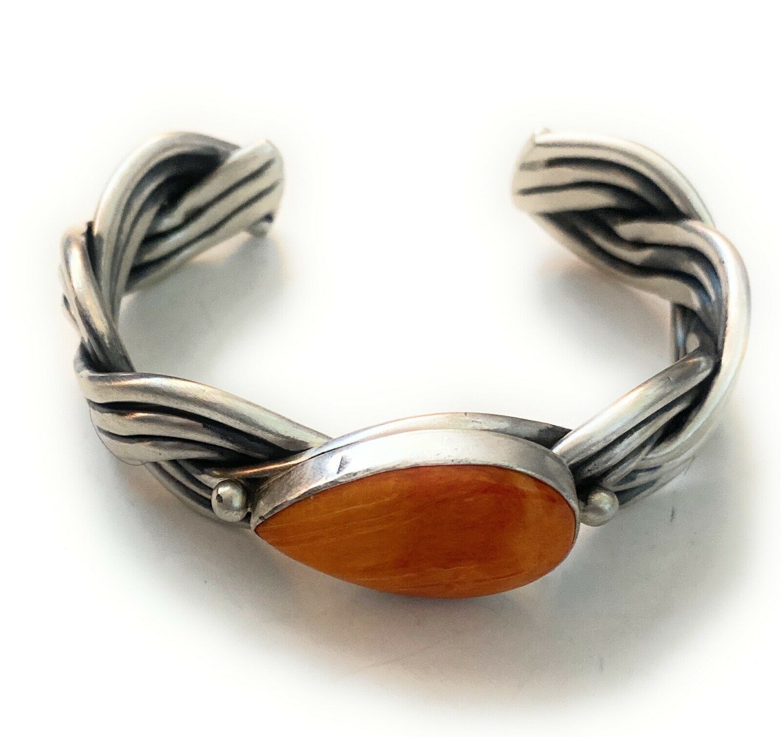 Navajo Orange Spiny & Sterling Silver Braided Cuff Bracelet Signed