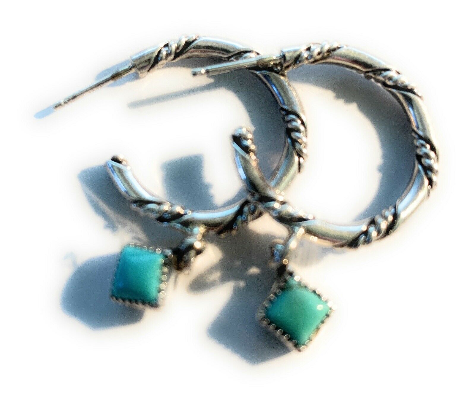 Navajo Royston turquoise & Sterling Silver Braided Charm Hoops