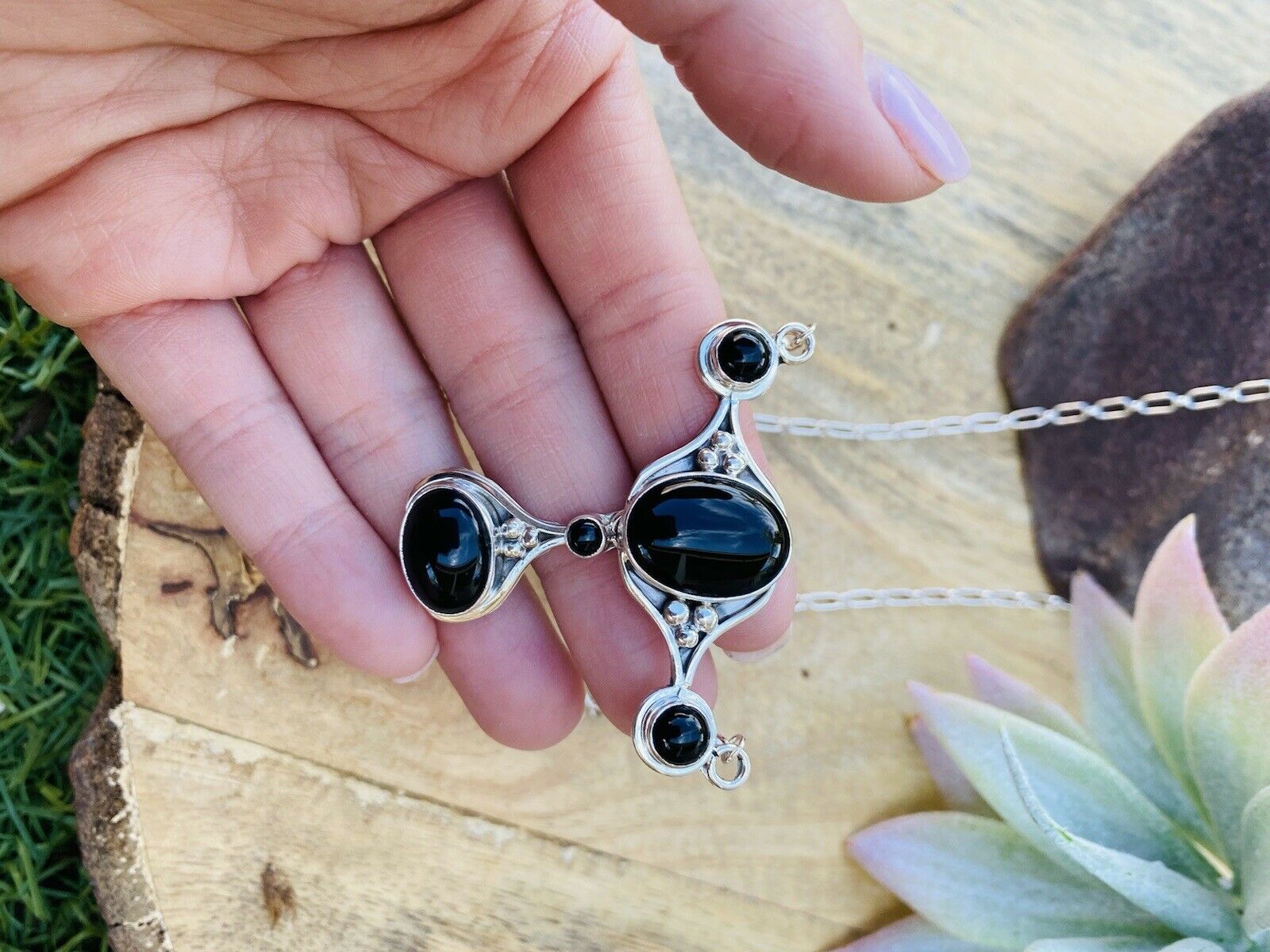 Navajo Handmade Sterling Silver & Black Onyx Necklace Signed