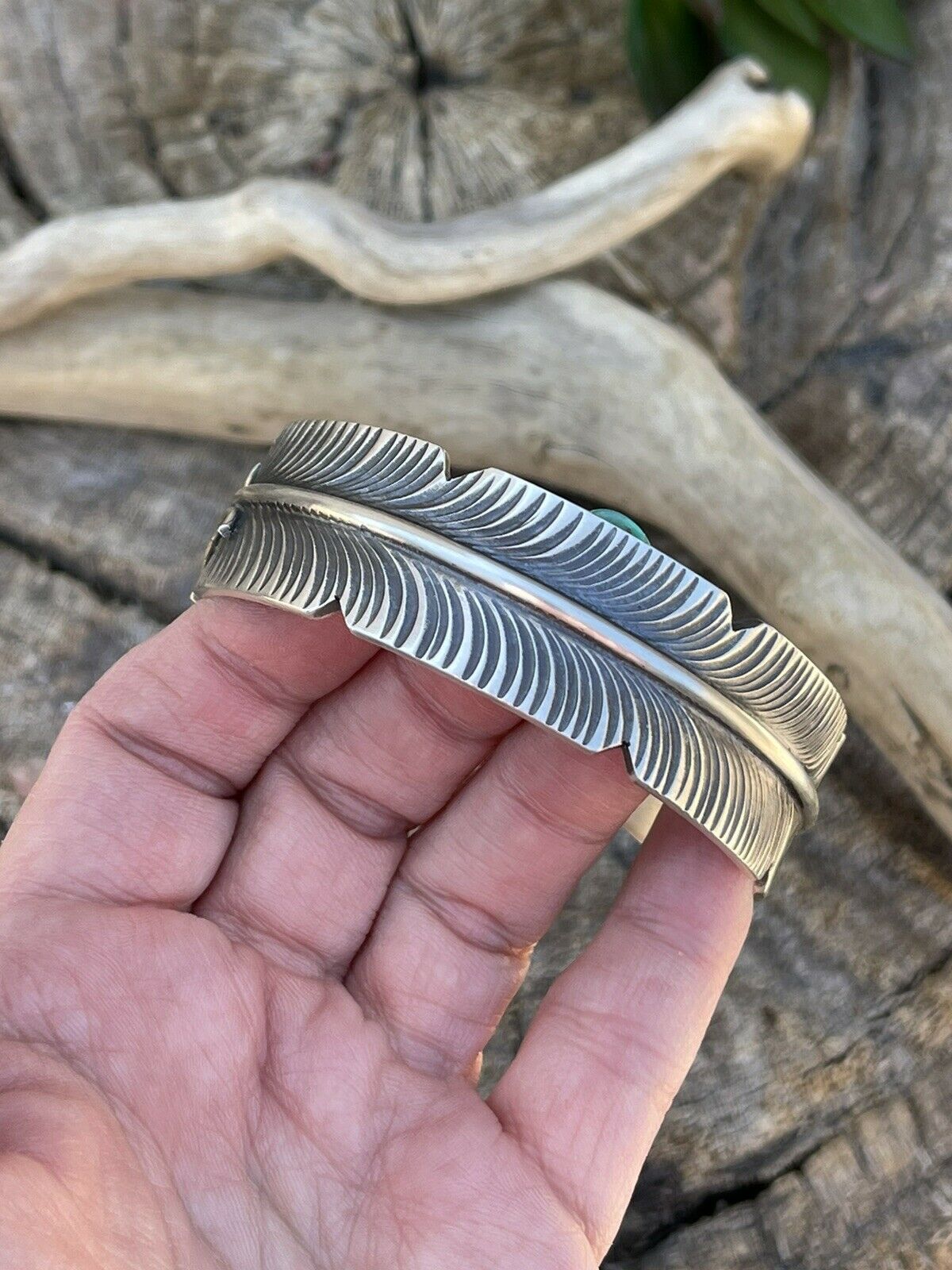 Navajo Sterling Silver Hand Stamped  Feather Bracelet Cuff