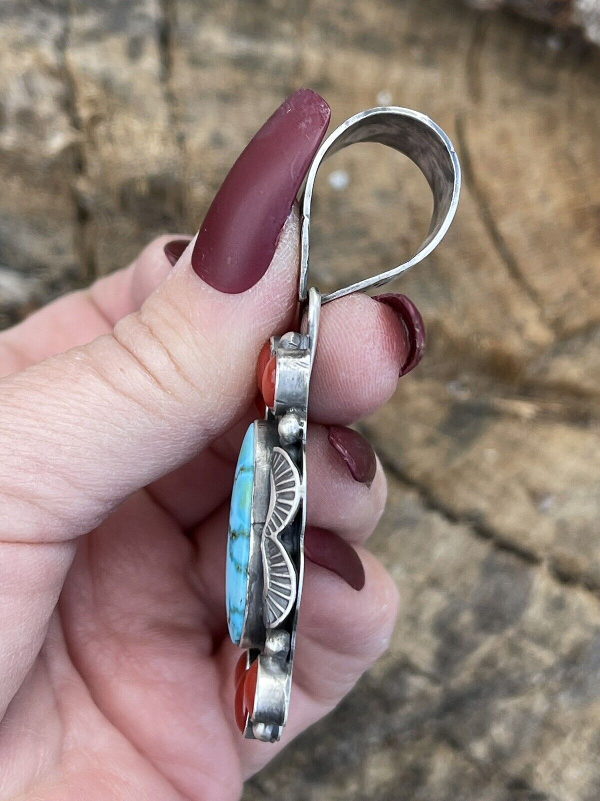 Navajo Sterling Kingman Web Turquoise & Red Coral Pendant Taos Collection