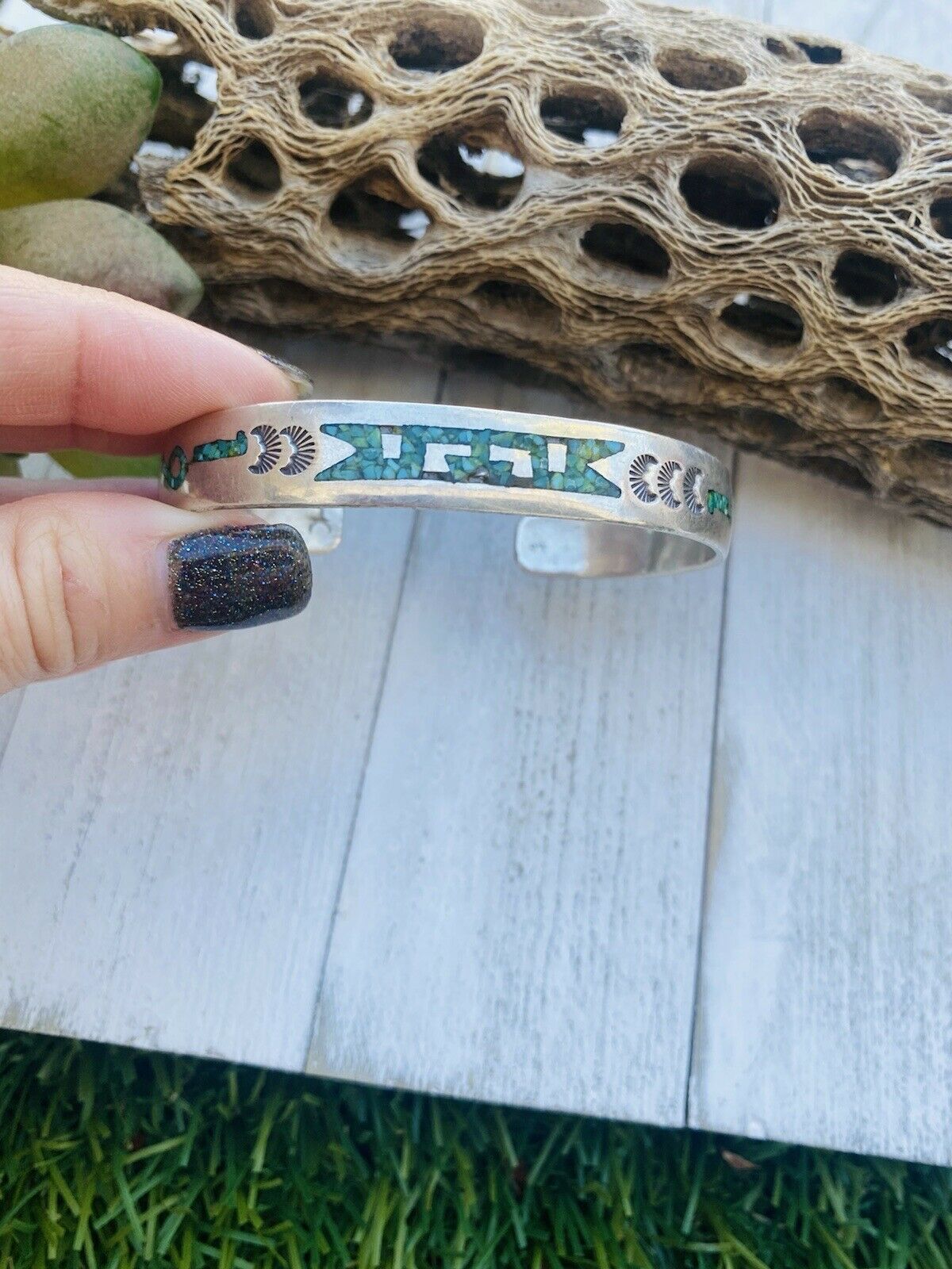 Vintage Navajo Turquoise, Coral & Sterling Silver Inlay Cuff Bracelet