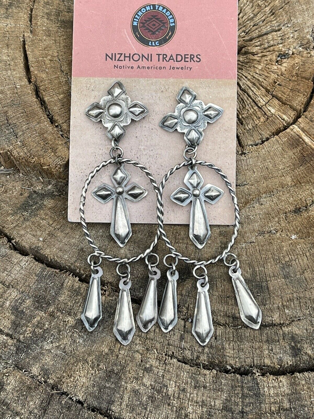 Navajo Sterling Silver Hand Stamped Cross Dangle Post Earrings Stamped Sterling