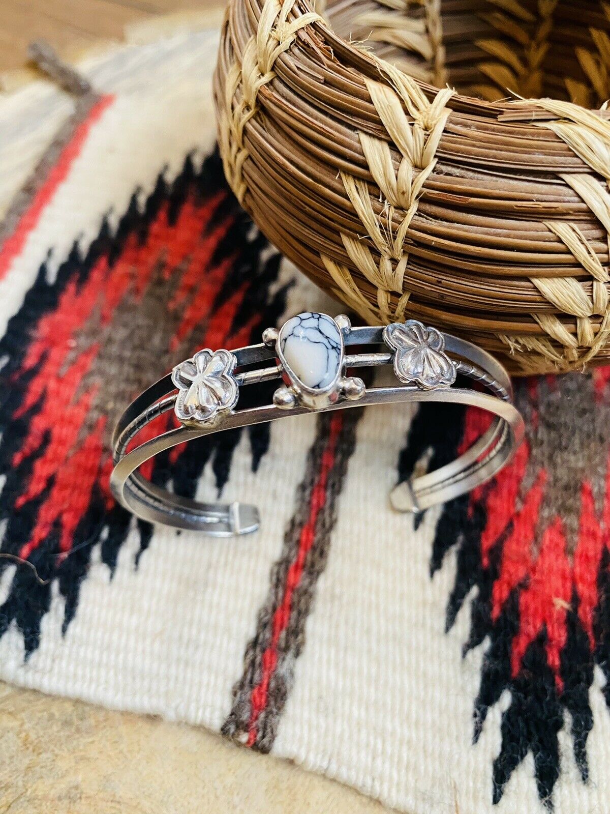 Navajo White Gibbsite & Sterling Silver Cuff Bracelet