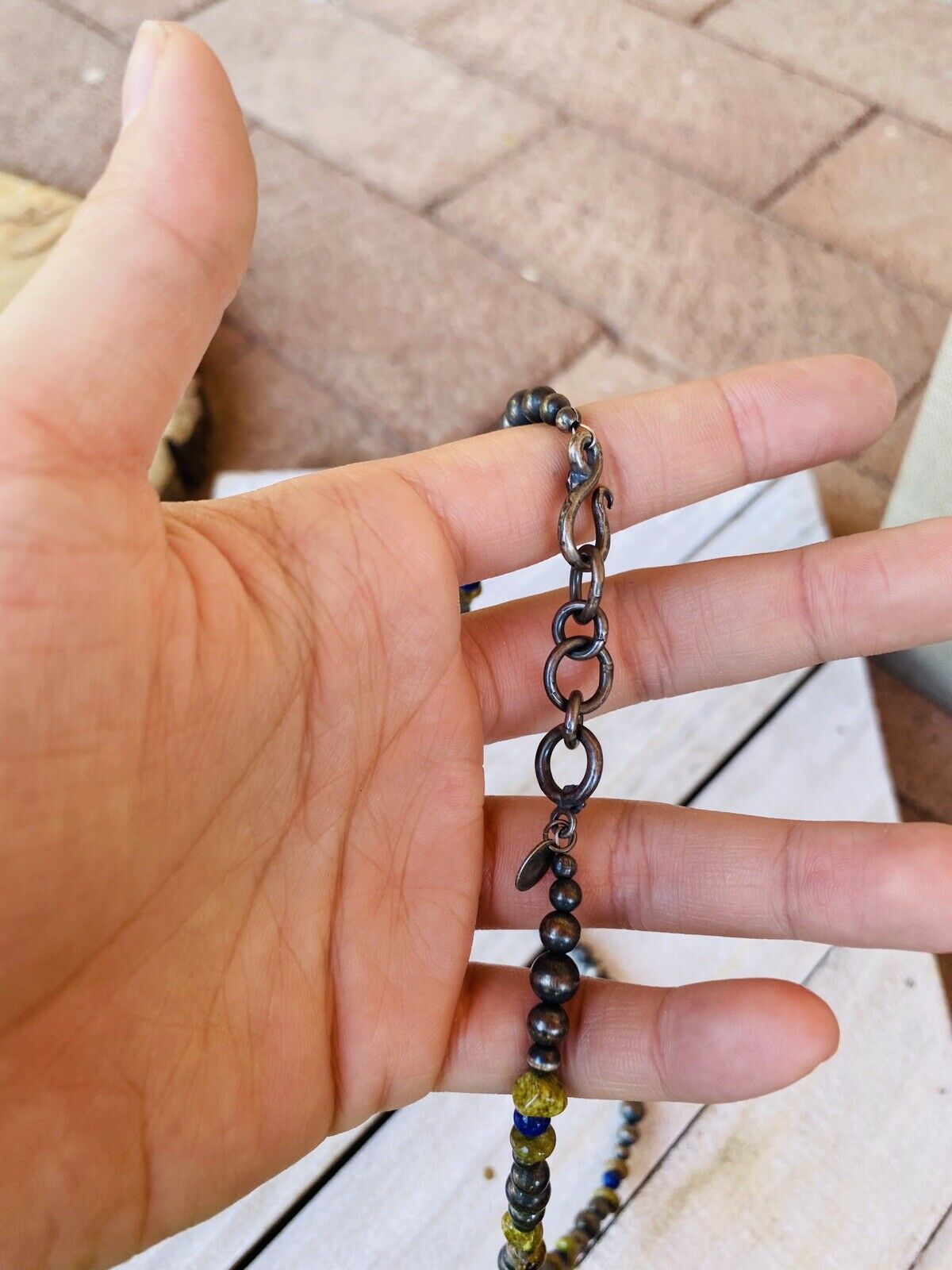 Navajo Lapis, Gaspeite And Sterling Silver Navajo Pearl Beaded Necklace