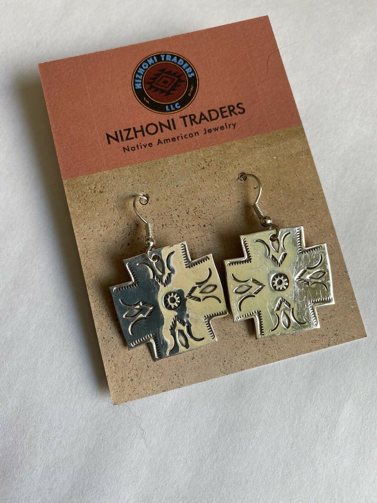 Navajo Sterling Silver Hand Stamped Cross Dangle Earrings Signed