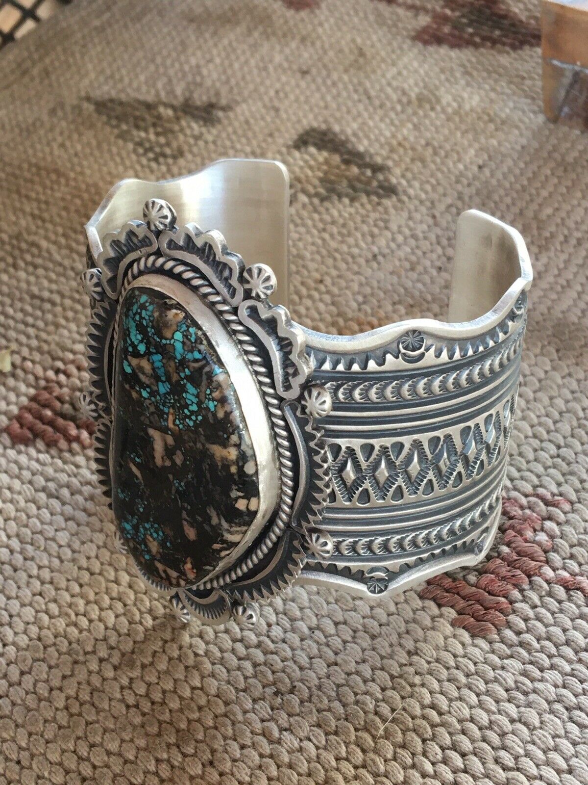 Navajo Royston Turquoise  Sterling Silver Handstamped Cuff Signed