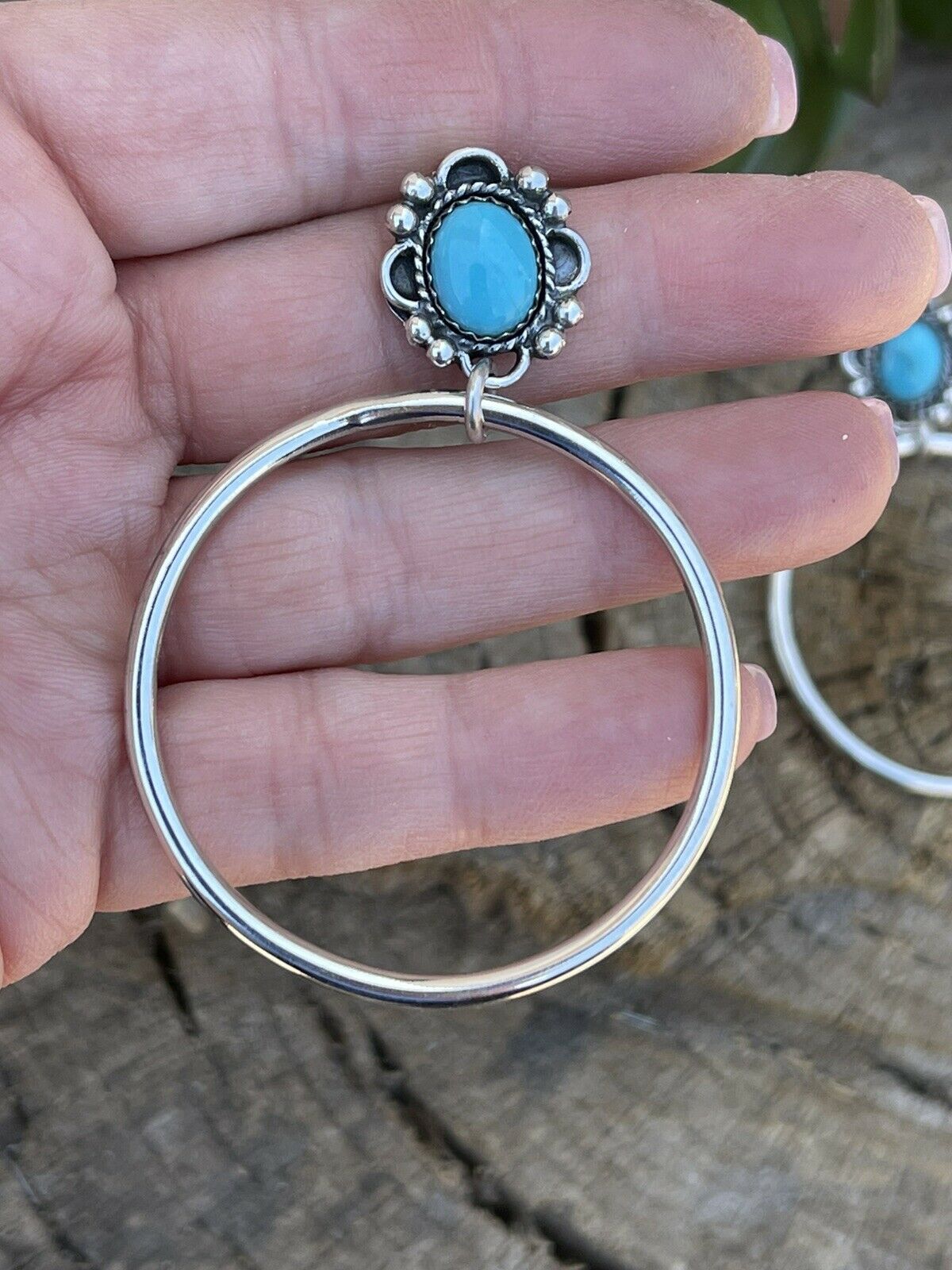 Navajo Turquoise & Sterling Silver Dangle Hoop Earrings