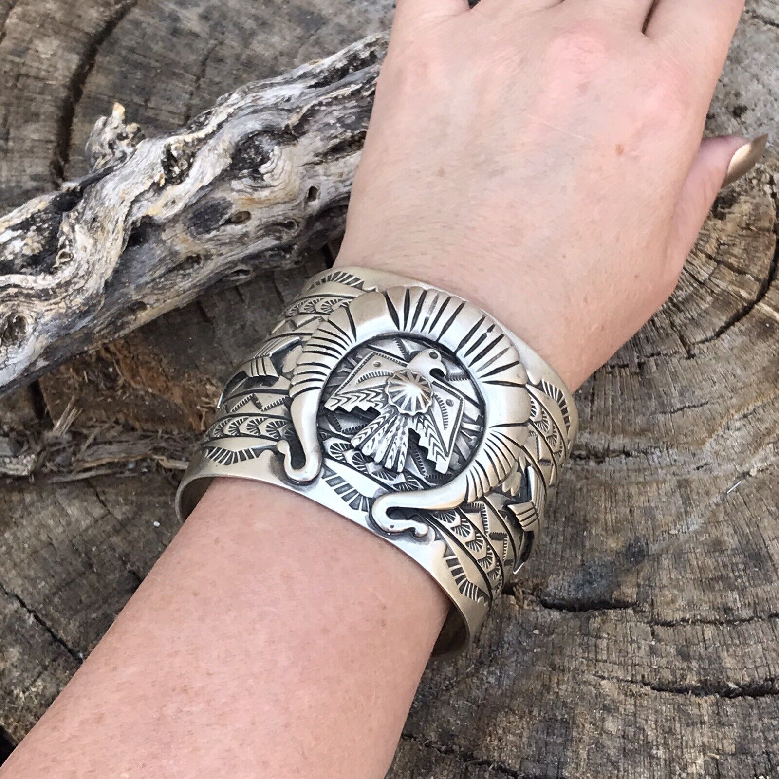 Sterling Silver Navajo Stamped Thunderbird Cuff Made By Rick Enrique