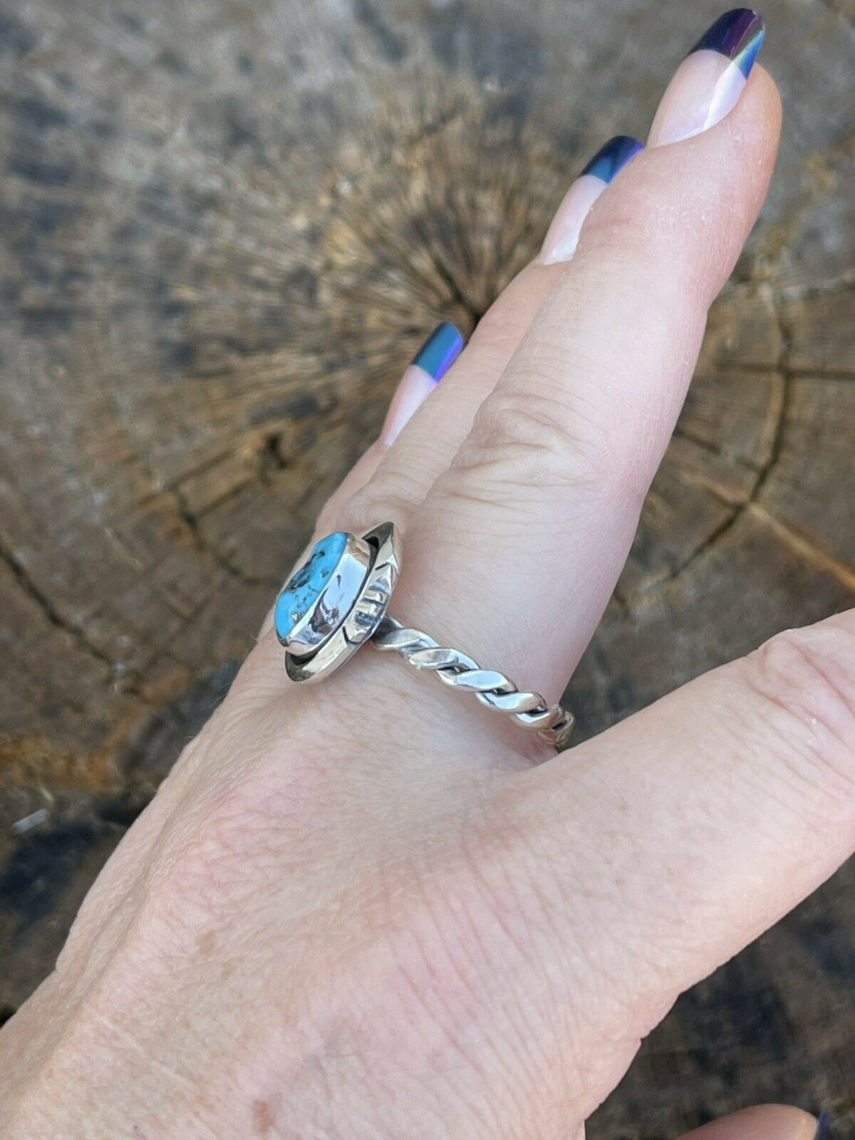 Navajo Sterling Silver Kingman Turquoise Rope Ring