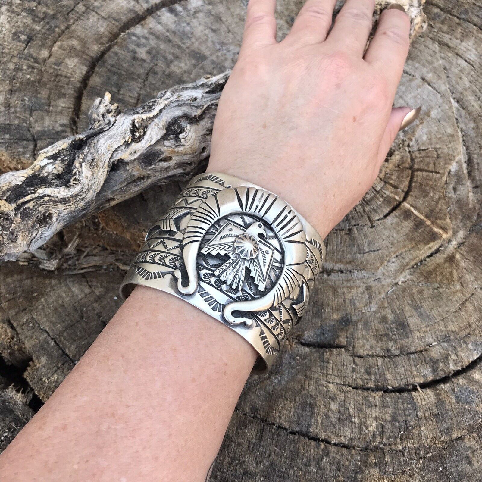 Sterling Silver Navajo Stamped Thunderbird Cuff Made By Rick Enrique