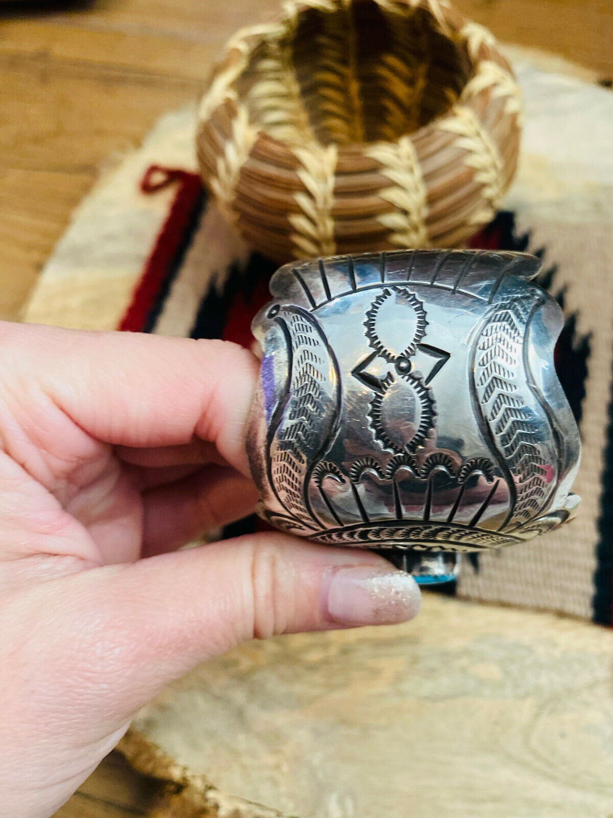 Vintage Navajo Turquoise & Hand Stamped Sterling Silver Cuff Bracelet