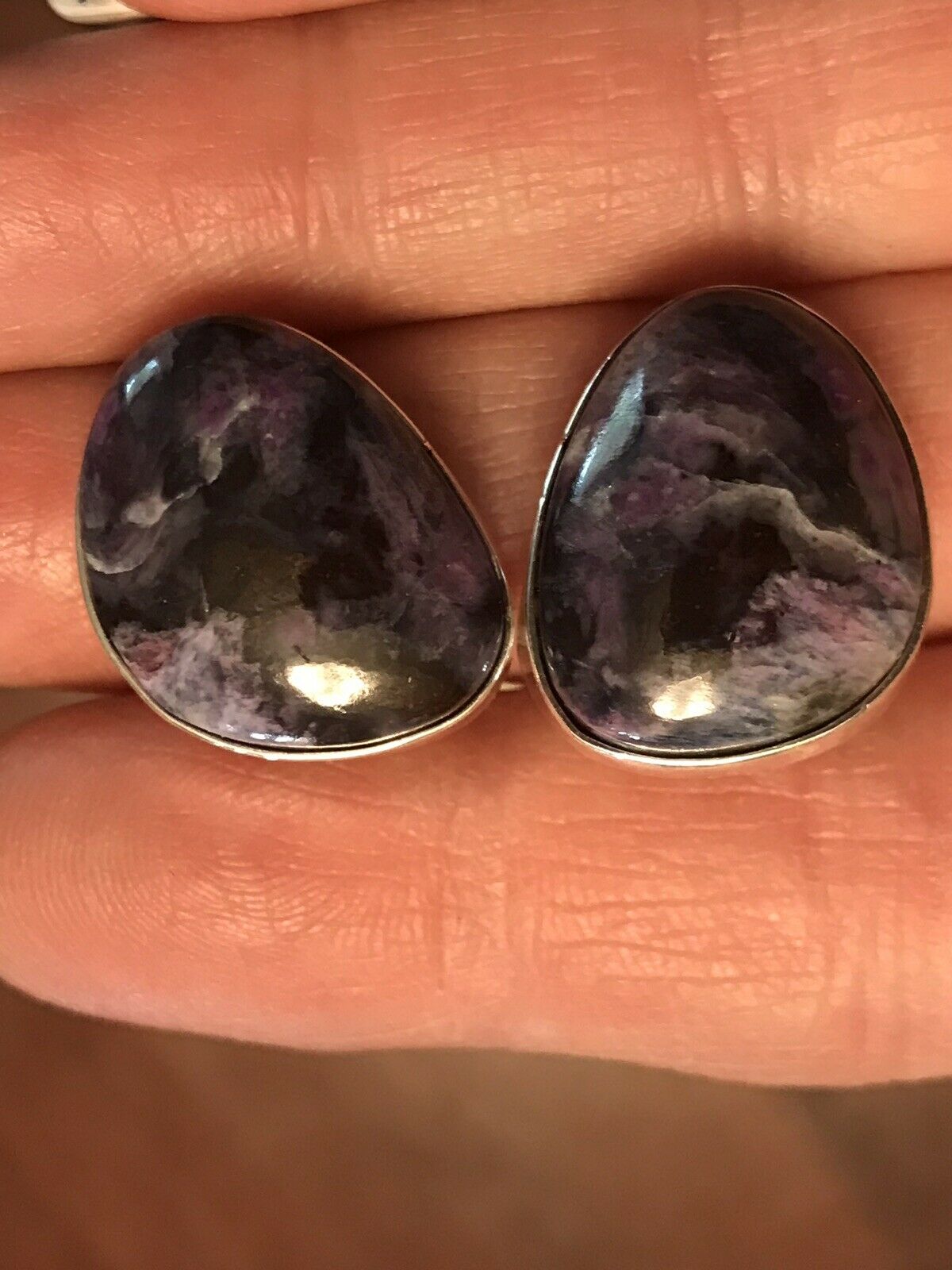 Navajo Charoite And Sterling Silver Post Earrings Stamped Sterling