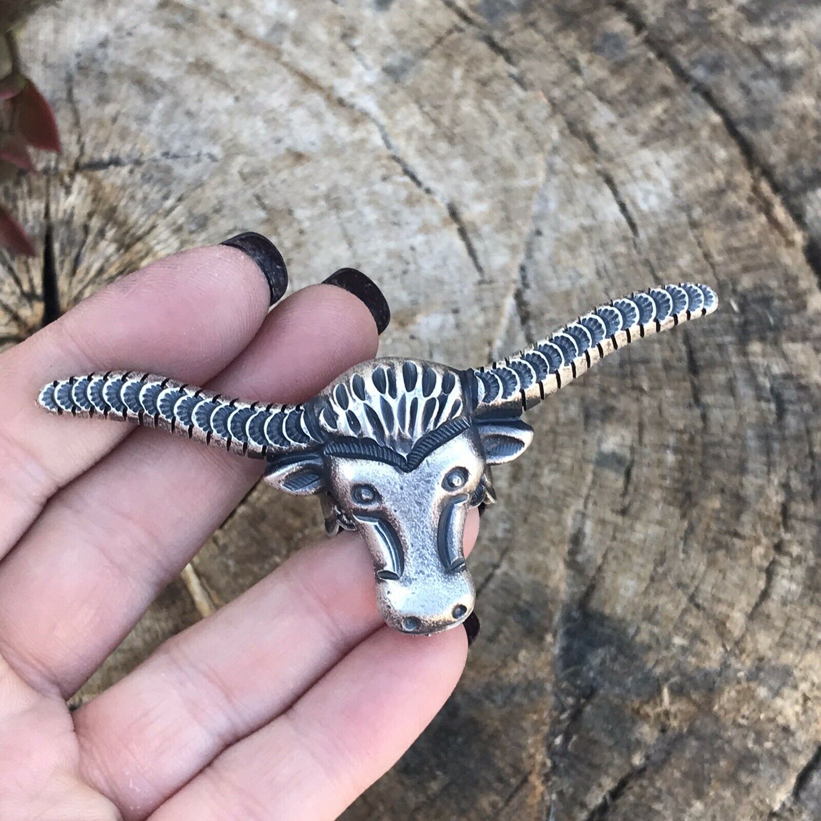 Navajo Sterling Silver Longhorn Cattle Steer Head Statement Ring