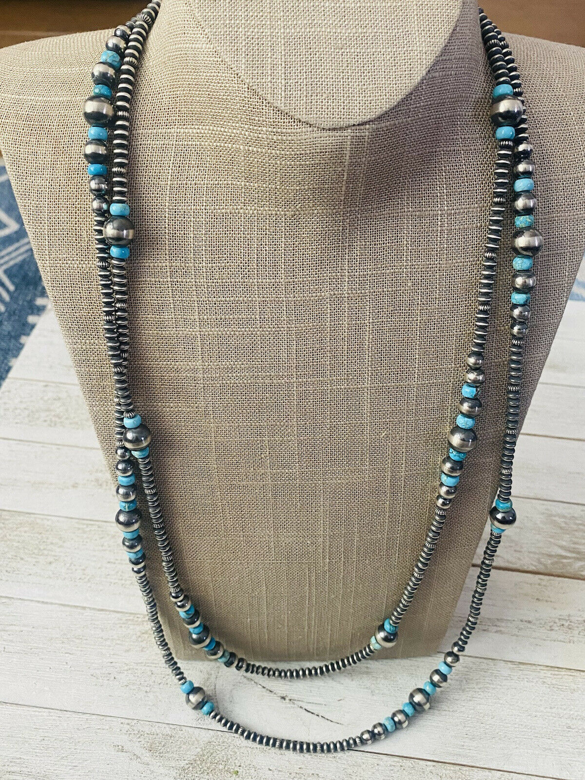 Navajo Turquoise & Sterling Silver Pearl Beaded 60 Inch Necklace