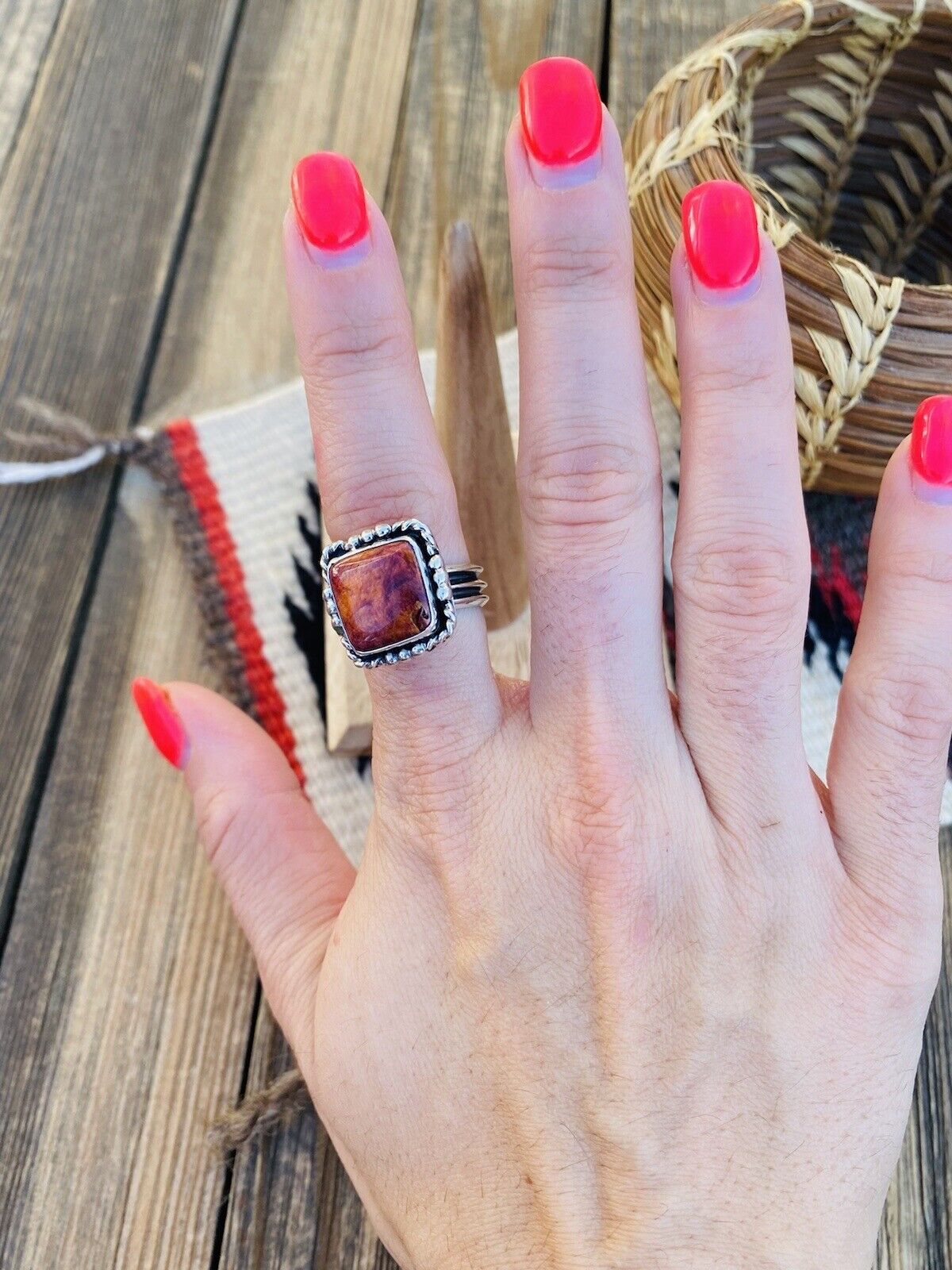 Navajo Sterling Silver & Orange Spiny Ring Size 6