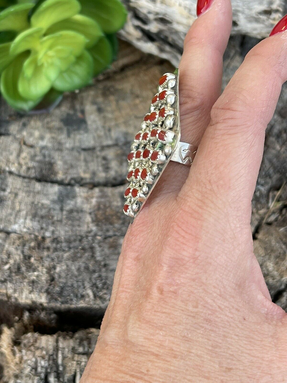 Navajo Sterling Silver Square Platform Red Coral Ring Sz 8