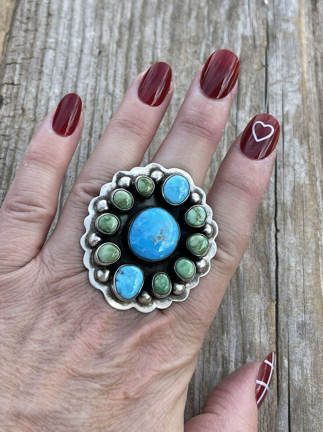 Handcrafted Sterling Sonoran Gold And Golden Hills Turquoise Cluster Ring Size 8.5