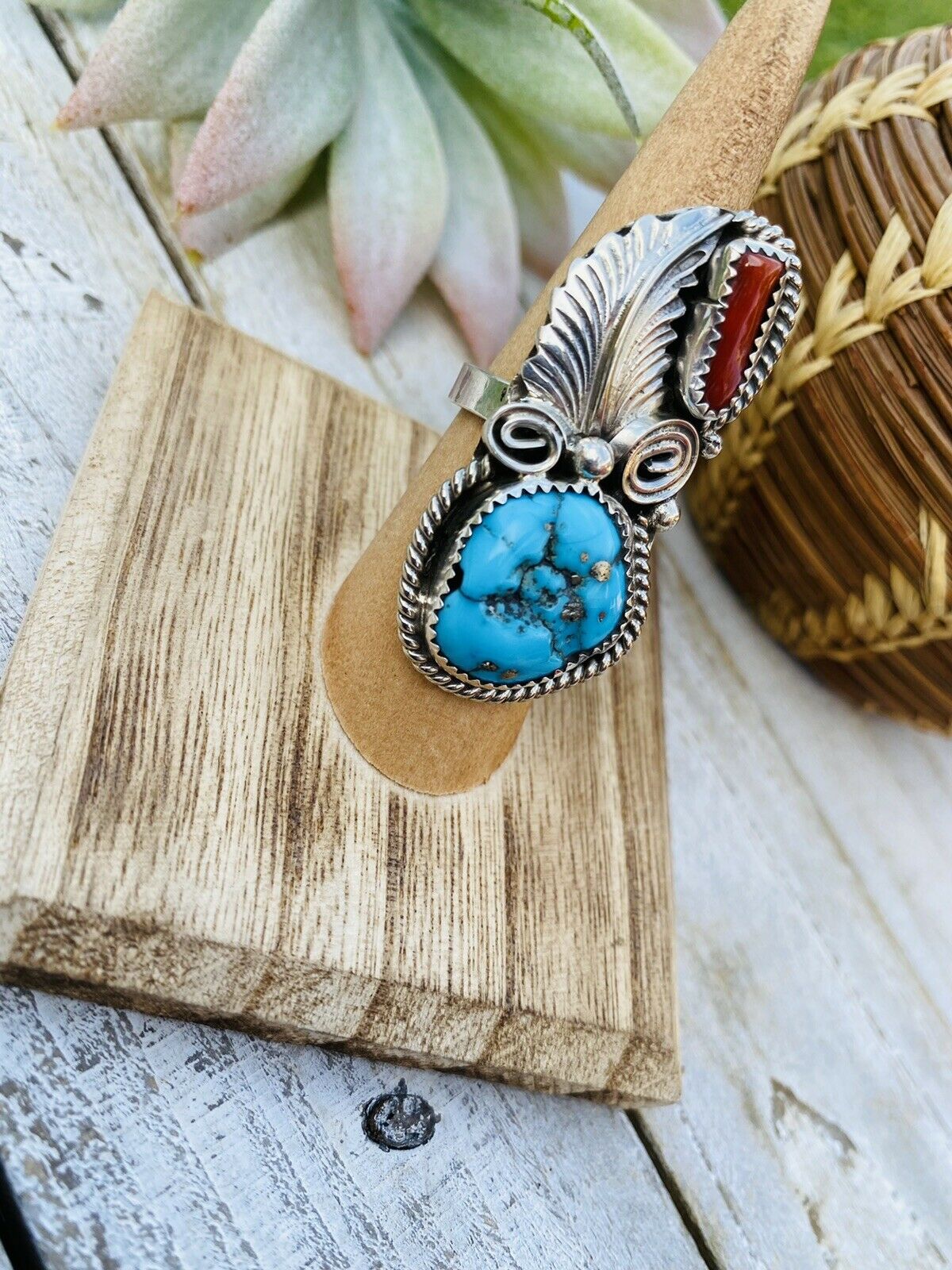 Navajo Turquoise, Coral & Sterling Silver Ring Size 5