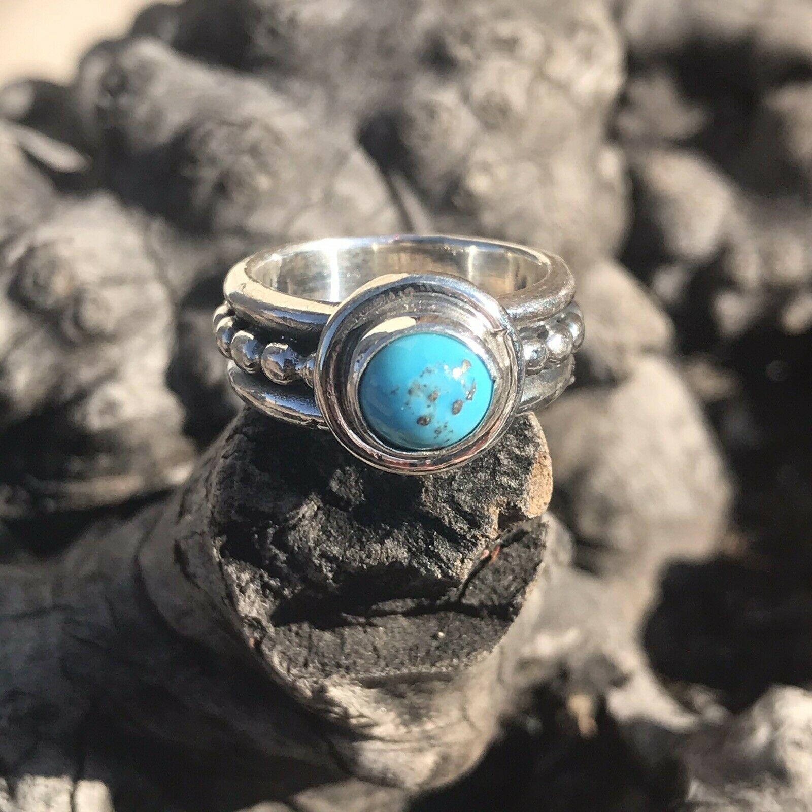 Navajo Kingman Turquoise & Sterling Silver Dotted Band Ring