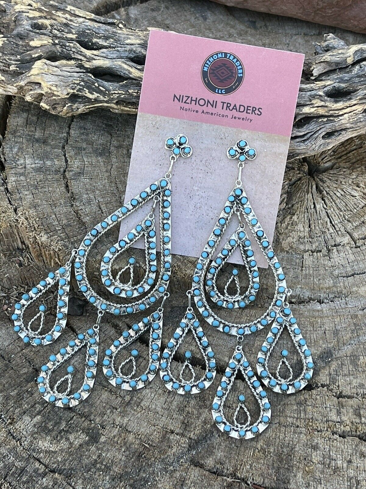 Zuni Sterling Silver & Snake Eye Chandelier Turquoise Dangle Earrings