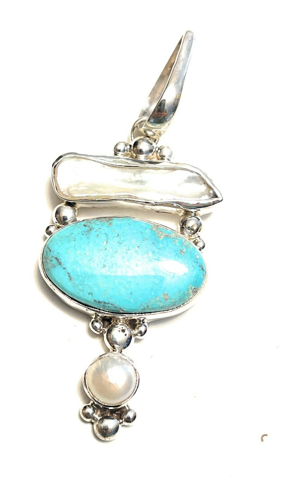 Turquoise & Mother Of Pearl Sterling Silver Navajo Pendant