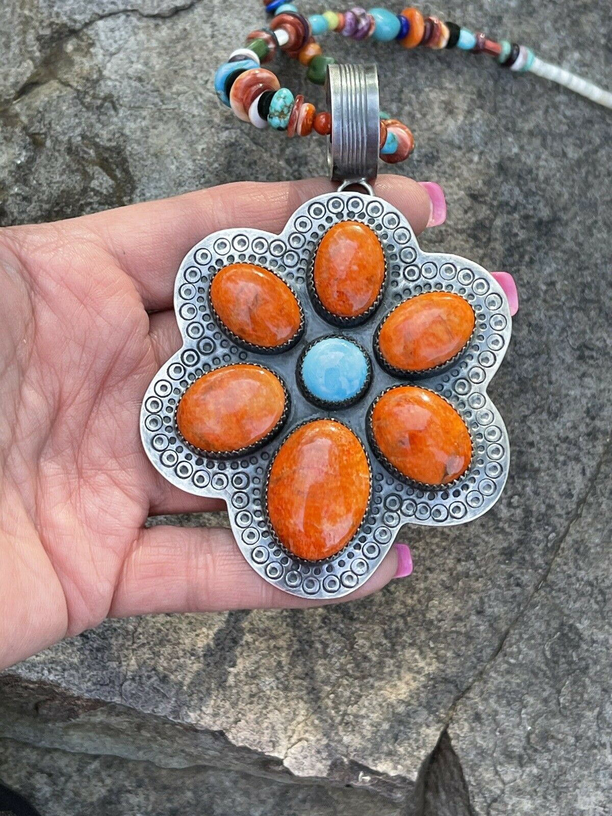 Navajo Sterling Silver Turquoise & Orange Spiny Flower Pendant Signed