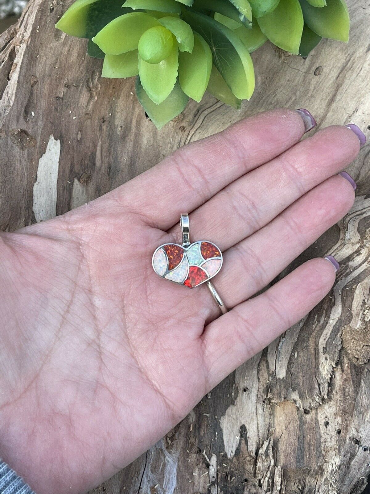 Zuni Iridescent Red Candy Cane Opal & Sterling Silver Heart Pendant